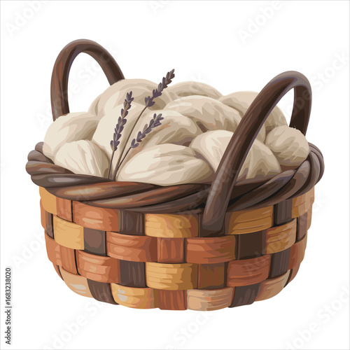 Woven Basket Filled with White Objects and Lavender Sprigs on White Background wicker handle