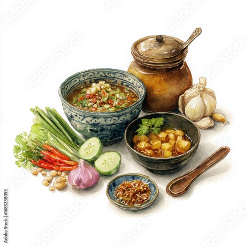 Watercolor Illustration of Thai Nam Prik Chili Dip with Boiled Vegetables and Side Dishes