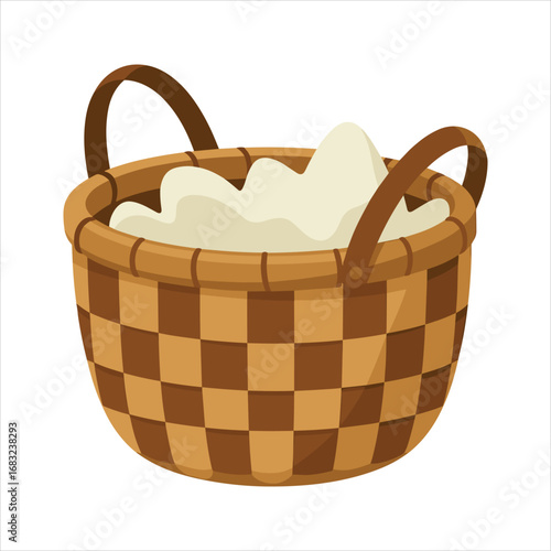 Woven Basket with Light Creamy Filling on White Background wicker handle