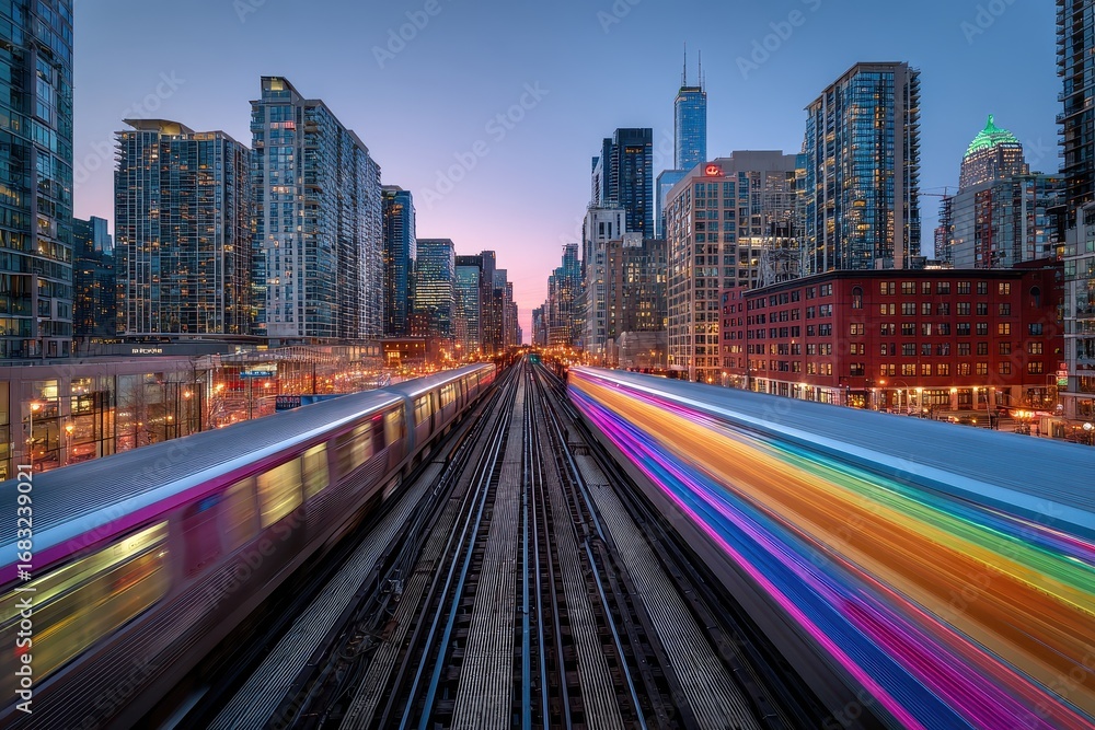 Naklejka premium A train is moving through a city at night