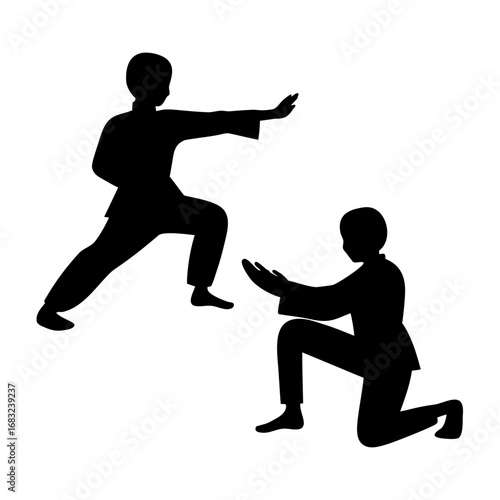 Martial Artists Practicing Forms in Serene Minimalist Dojo with Wooden Floors and Soft Light