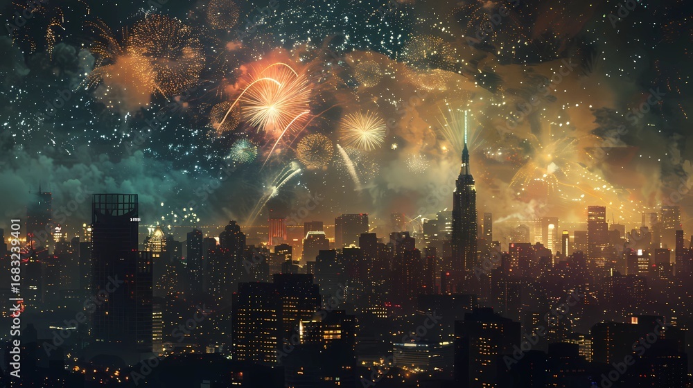 Fototapeta premium Fireworks exploding over a city skyline