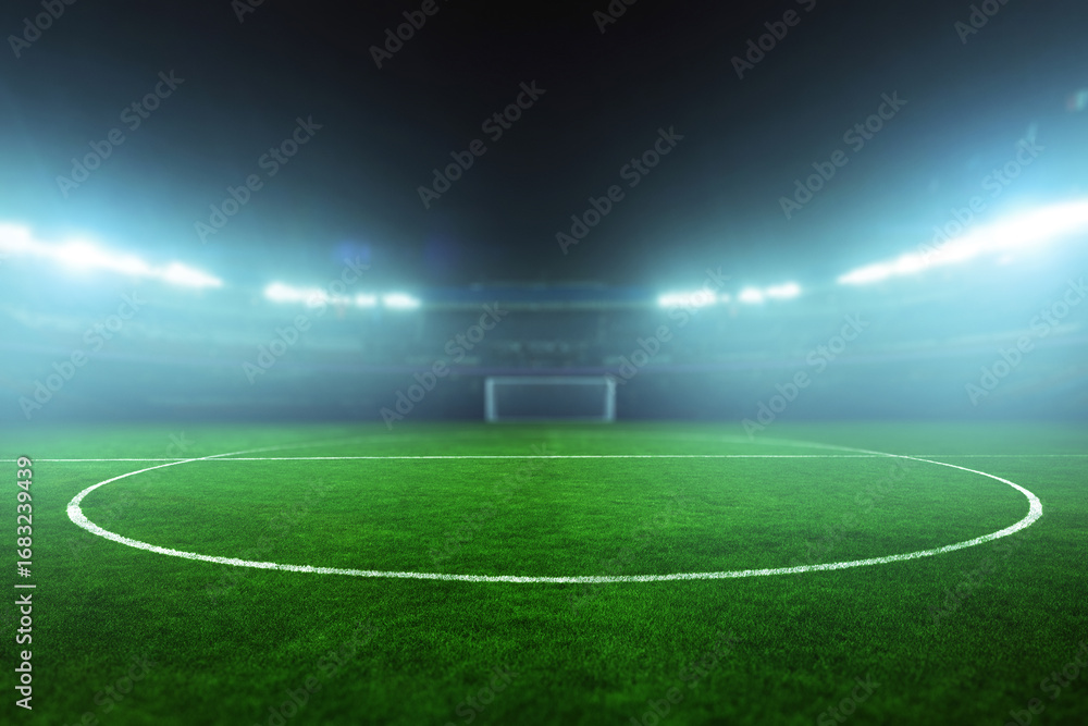 Obraz premium Illuminated football stadium at night with green field and empty stands, ready for an exciting match under bright floodlights. Football tournament and football championship. Blurred background