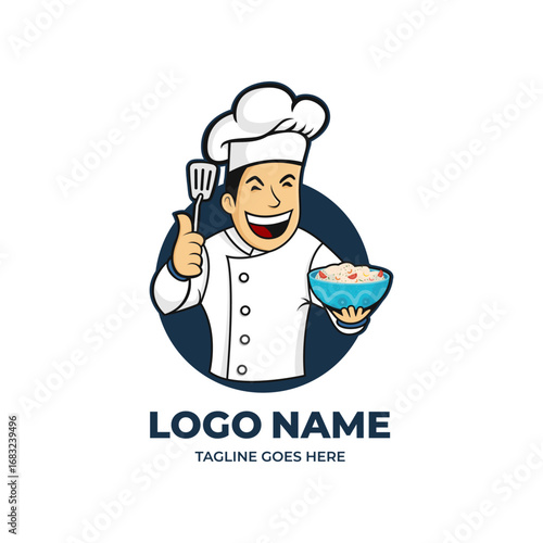 A cheerful cartoon chef mascot holding a bowl and spatula. This friendly design is perfect for a family restaurant, food blog, or catering service.