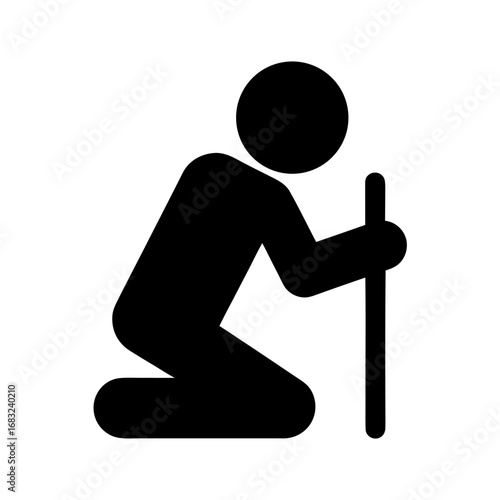 Weary Traveler Kneeling in Desert with Wooden Staff Under Scorching Sun and Endless Sand Dunes