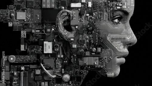 Profile of a woman, head and shoulders, crafted from circuit boards