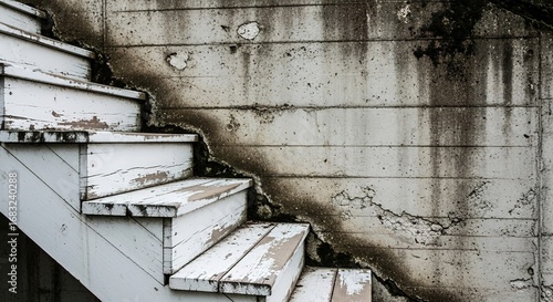 Weathered White Wooden Steps Against a Stained Concrete Wall