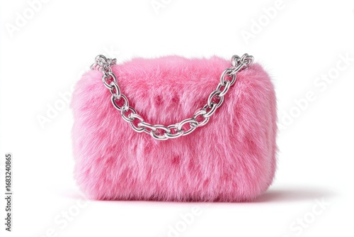 Pink faux fur purse with silver chain