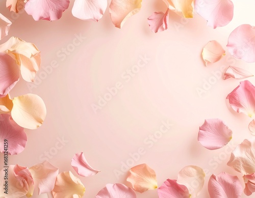 Flat lay image of rose petals forming a frame on a soft pink background, creating a delicate and romantic mood.