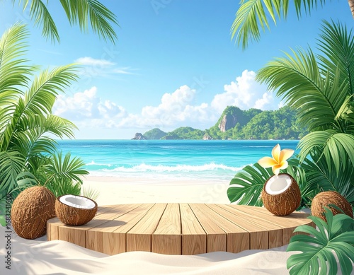 Wooden display platform with coconuts and tropical plants on a sandy beach, bright summer scene,  flat lay product presentation, vibrant turquoise ocean and palm trees