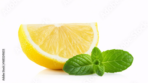 Refreshing lemon wedge with vibrant green mint leaves, perfect for creating cocktails, teas, and healthy recipes