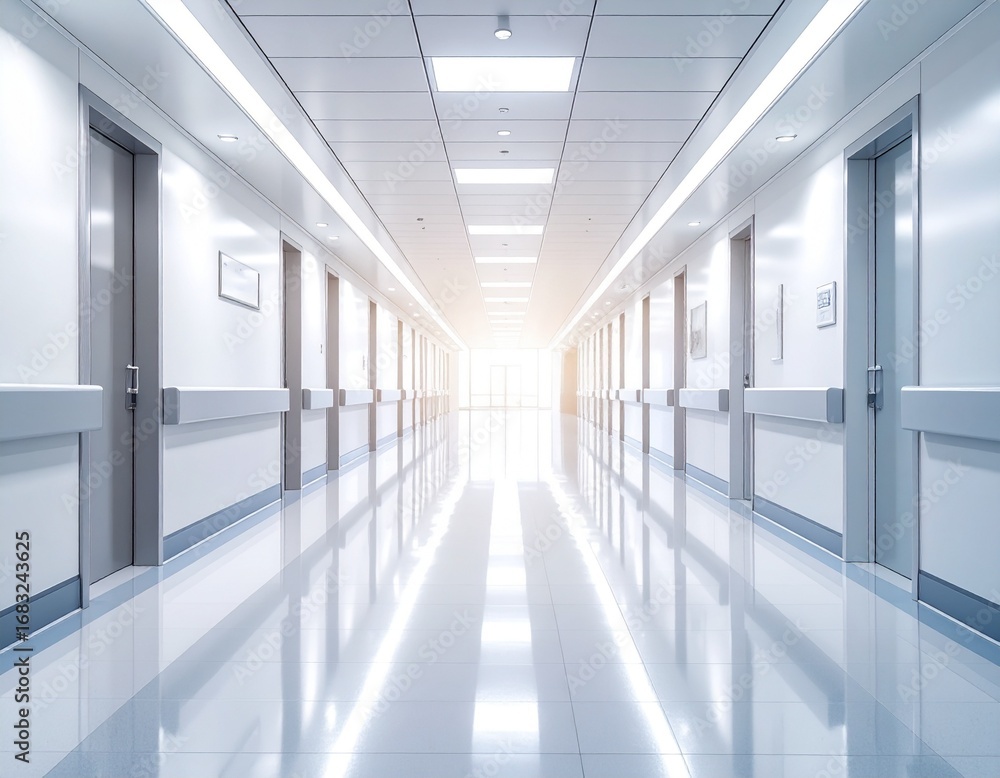 Fototapeta premium Long hospital corridor perspective shot, showing bright white walls, doors, and gleaming floor, conveying a clean and sterile atmosphere.
