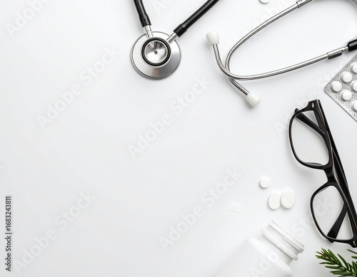 Flat lay of medical equipment including a stethoscope, eyeglasses, pills, and a pill bottle on a white background, creating a clean and sterile mood.