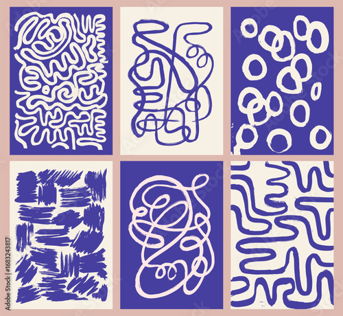 Gallery wall art set. Modern naive backgrounds with abstract continuous line, playful curved bold brush strokes, lines and circles. Organic shapes, indigo color