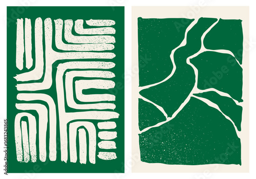 Mid century modern minimalist art print set with wavy shapes and lines. Painting print templates. Grainy bold brush strokes texture, organic shapes