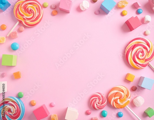 Flat lay of colorful candies and lollipops forming a frame on a pink background, creating a sweet and playful mood.