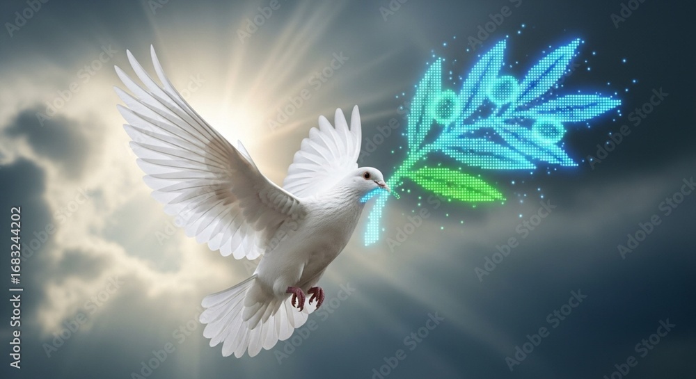 Obraz premium White dove holding digital olive branch.