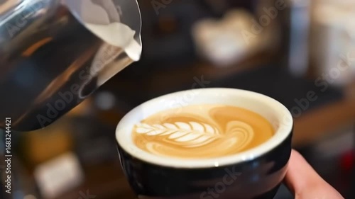 Close-up of a hand pouring steamed milk into a cup of coffee, creating latte art with a fern leaf pattern