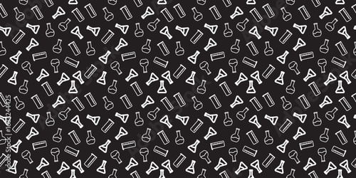 Dark seamless science background with beakers and flasks for educational projects