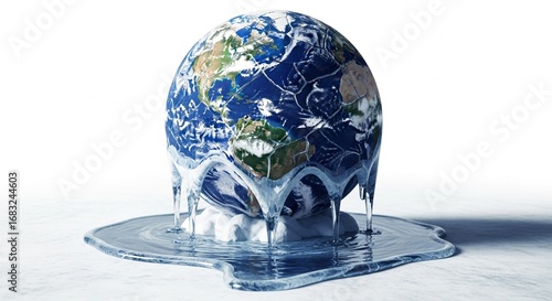 Earth globe melting into ice, white background.
