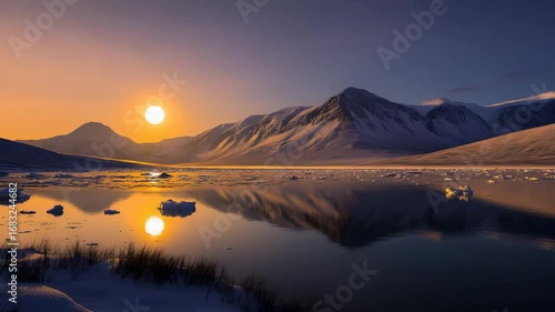 A tranquil scene of Svalbard with icebergs and polar wildlife under the midnight sun 