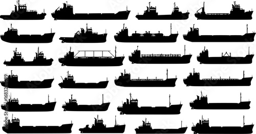 Vector set of 61 silhouettes of sea towboat and the ships
