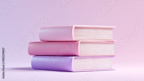 Stack of three pastel pink and purple books on a soft pink background