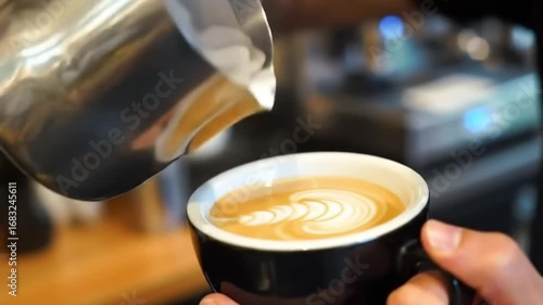 Close-up of a barista pouring latte art into a coffee cup with a frothy milk creating intricate patterns, a delicious beverage prepared with skill and passion