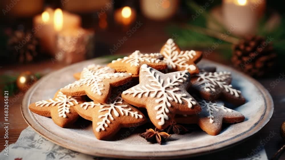 Festive gingerbread cookies arranged on a decorative plate with candles and greenery in a cozy setting during holiday season