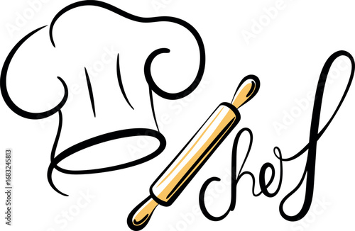 chefs hat rolling pin and cook in black line art on white background