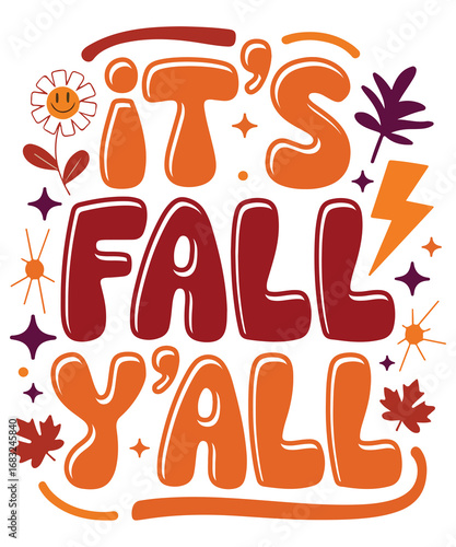 Cheerful fall themed vector design with flowers and leaves in retro style colors and black background
