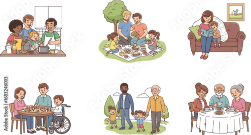 Happy diverse families spending quality time together, cooking, reading, eating, walking, and enjoying outdoor picnics in everyday lifestyle moments