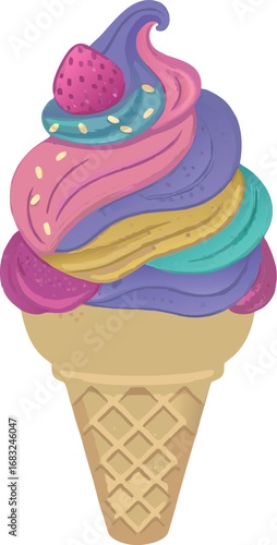 Ice cream cone with strawberry vanilla and chocolate flavors on waffle cone illustration