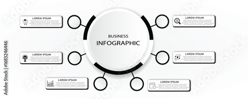 Business process with icon - Infographic 6 steps or options cycle for visualization business information - Modern black, white  vector illustration for web, presentation, futuristic design 