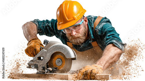 Crafting with Precision: A skilled carpenter, clad in protective gear, meticulously cuts wood with a power saw, embodying precision and craftsmanship in every action.