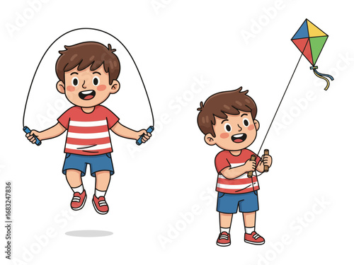Two cartoon children engaged in outdoor activities, one jumping rope, the other flying a kite.