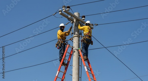 Linemen Working on Power Lines Maintaining Infrastructure and Ensuring Energy Delivery