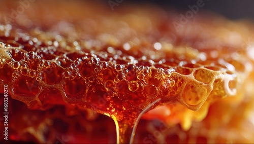 Close-up honey drips, textured honeycomb