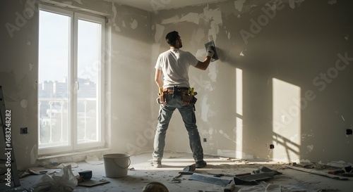 Skilled construction worker plastering a wall with a putty knife during a home renovation project in a sunlit room