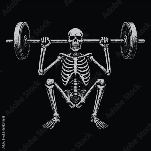 Skeleton lifting barbell illustration in vintage engraving style, gothic dark art perfect for fitness, gym, and Halloween themes.