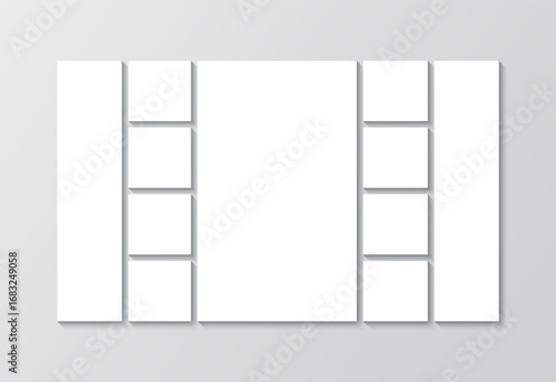 Scrapbook collage template. Moodboard picture frame. Photo grid album brandboard. Images mosaic mockup. Portfolio gallery layout. Mood board square banner. Vector illustration