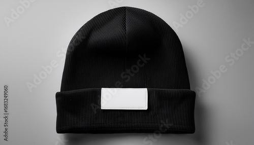 a black beanie mockup hat with a blank white label isolated on a plain background perfect for adding your brand logo
