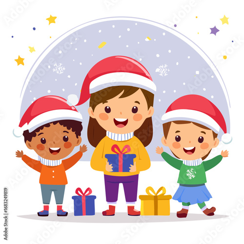 Happy Children in Santa Hats with Christmas Presents, Celebrating the Festive Season with Joy