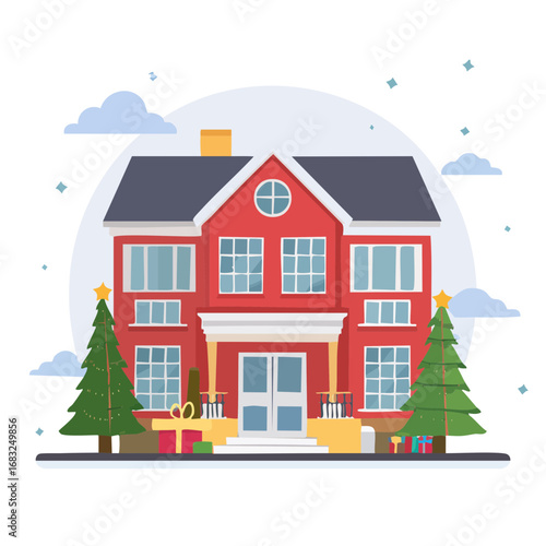 Charming Red House with Christmas Trees and Gifts A Festive Holiday Scene