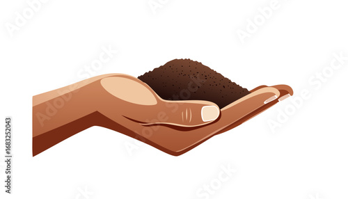 Artistic design of hand holding earth and young plant, isolated on white background