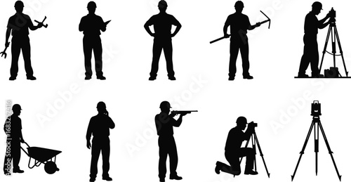Construction and surveying worker silhouette set in vector style, tools and equipment icons for building, engineering, and site planning themes