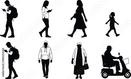 Diverse human silhouette vector set showing walking, standing, sitting figures in everyday poses, perfect for lifestyle, mobility, and design themes.