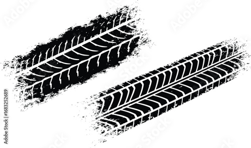 Two tire tracks one smeared  indistinct the other with defined grooves on a white backdrop