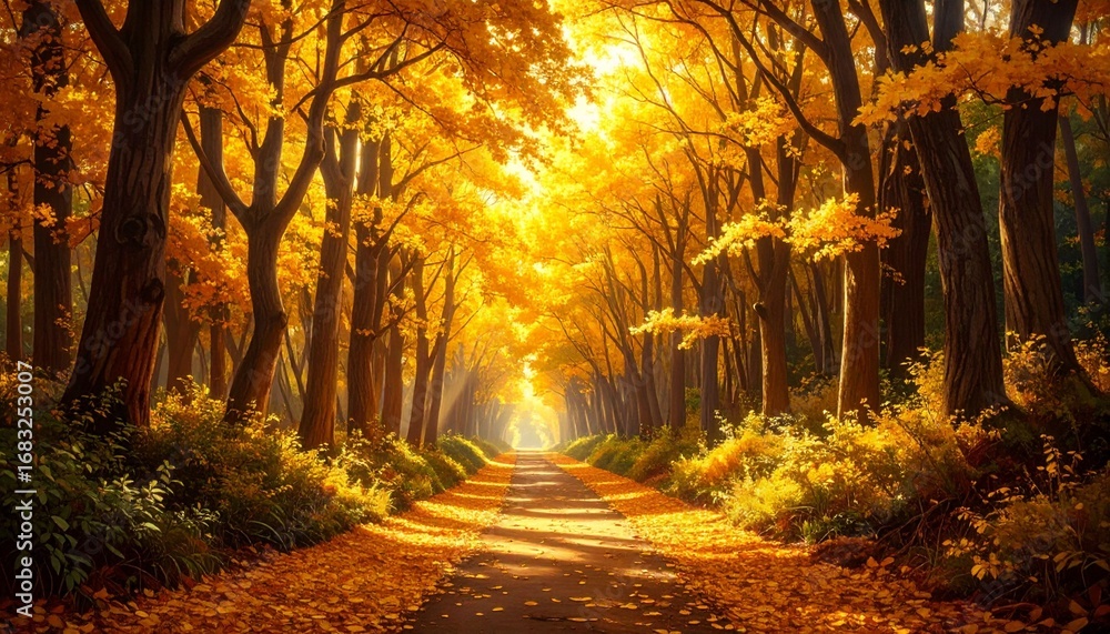 Obraz premium Tall tamarind trees stretching skyward, golden leaves drifting gently to the forest floor, forming a glowing path along a narrow trail, soft golden sunlight pouring through the canopy.