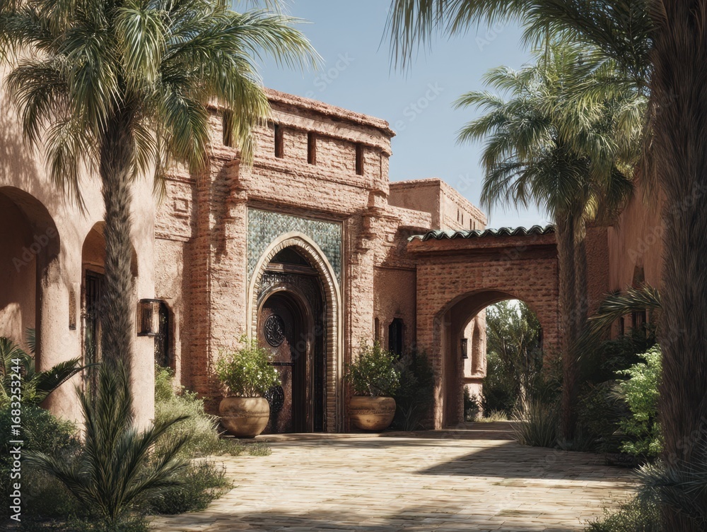 Fototapeta premium A brick building with a green tile archway. The archway is in front of a building with a red brick facade. There are potted plants on the sidewalk